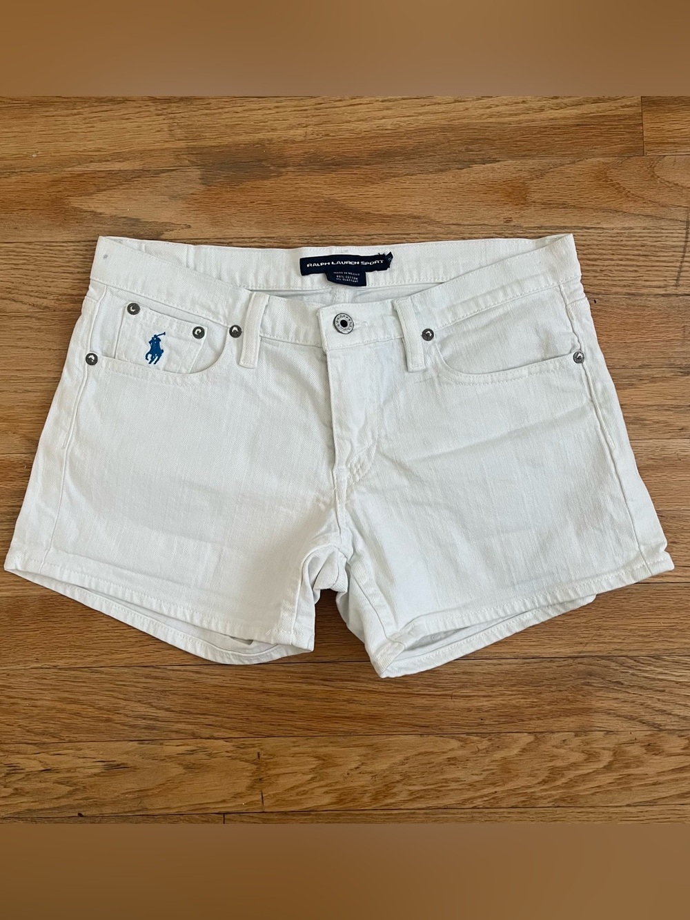 Ralph Lauren Women White Denim Jean Shorts Blue Pony Logo Sz 27 Preppy Low Rise